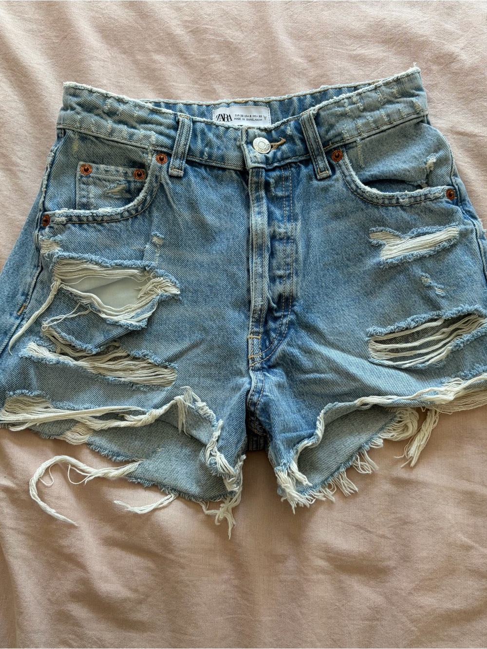 ZARA Light Blue Ripped High-Rise Denim Shorts